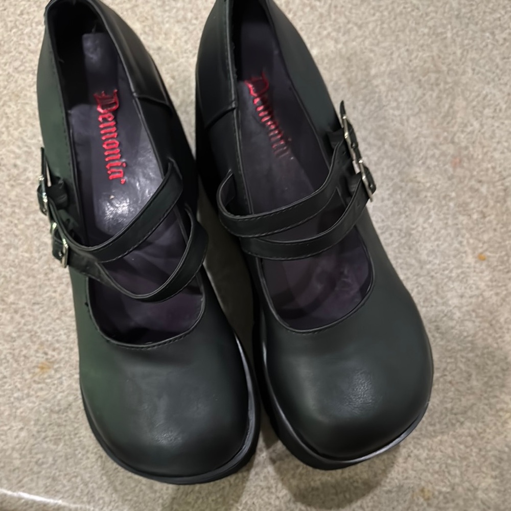 Demonia Black Flats with Strap and Sturdy Sole